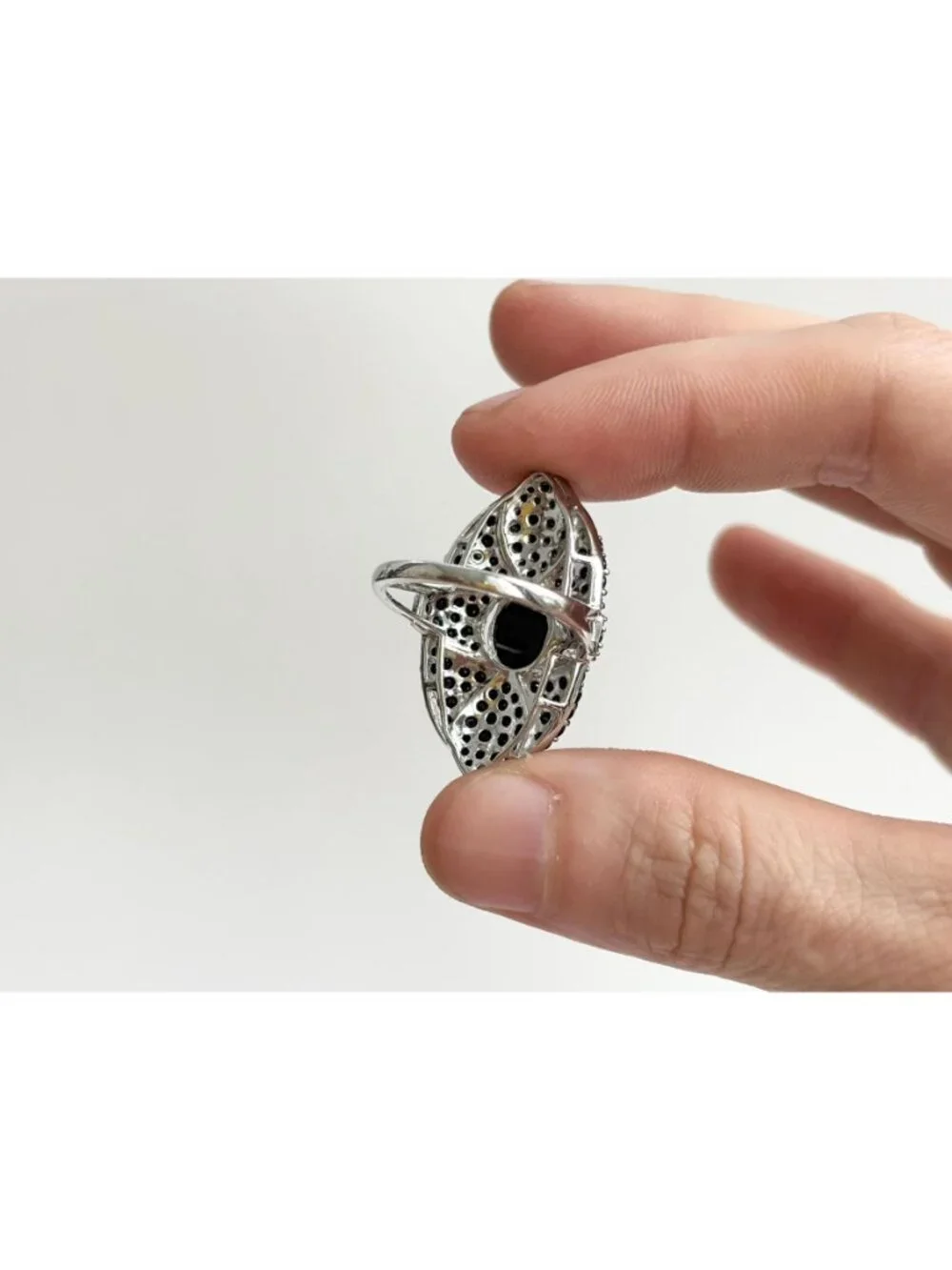 Black Onyx Cluster Gemstone Art Deco Sterling Silver 925 Vintage Ring - sz 7